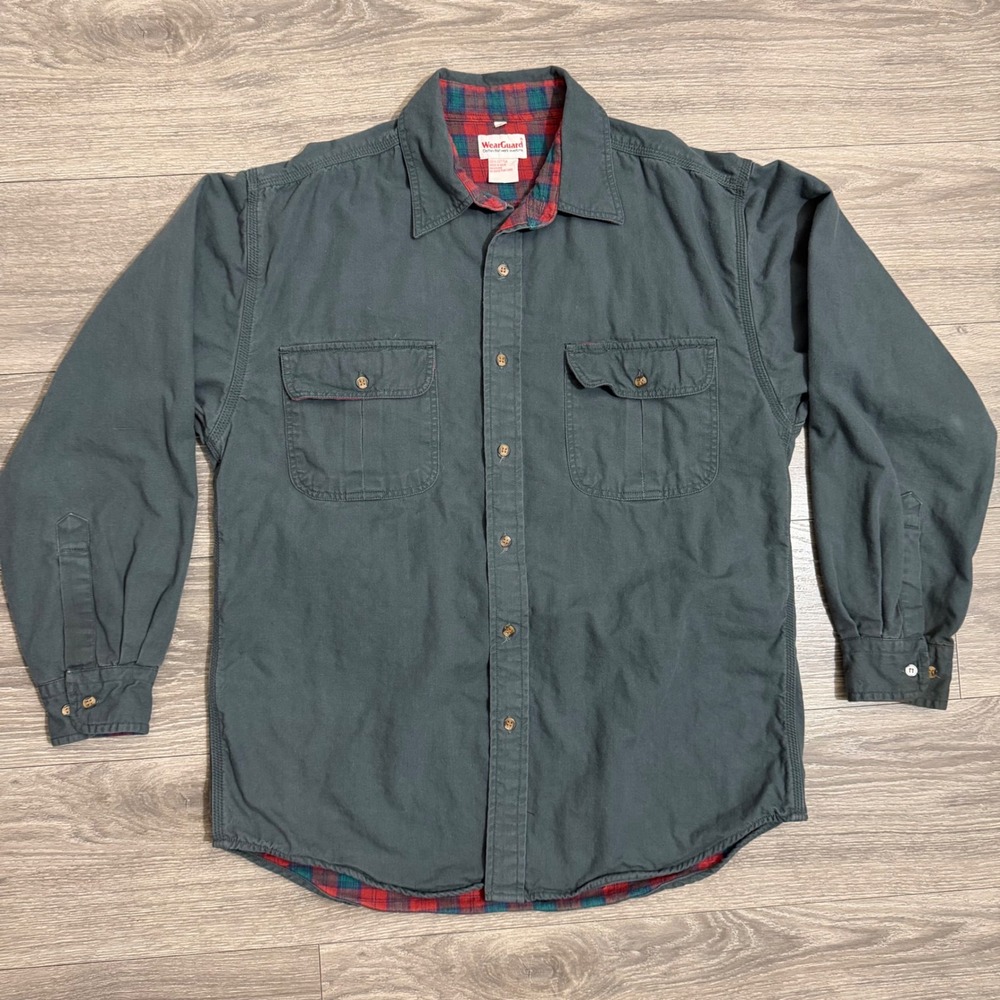 Vintage 80s WearGuard Work Shirt L Flannel Lined Green Cotton Canvas Mens Large